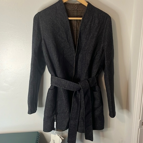 Max Mara Cucito A Mano NWT Midnight Blue Brown Chevron Galles Robe Jacket Sz 12 - Picture 16 of 16